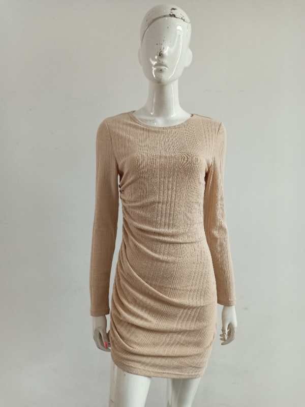 Ladies fall round neck long sleeve solid color formal slim fashion elegant head knit dress